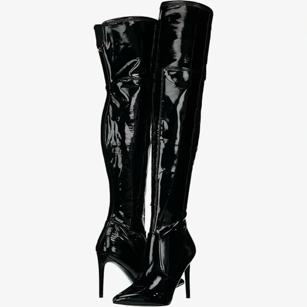 NWOB Guess Bowey Black Patent Stretch Over the Knee Stiletto Boots